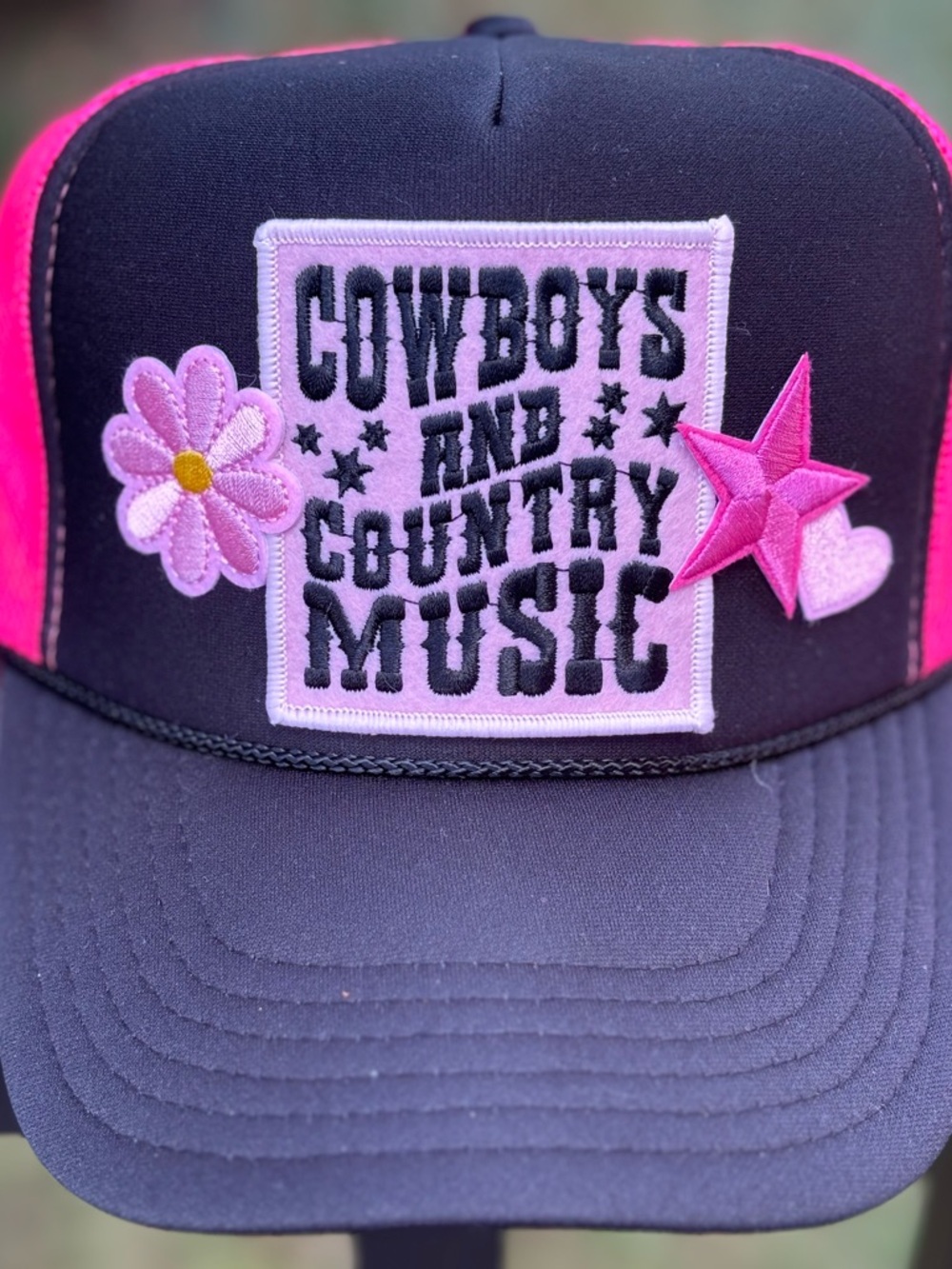 OTTO Black and Hot Pink "Cowboys and Country Music" Patch Trucker Hat